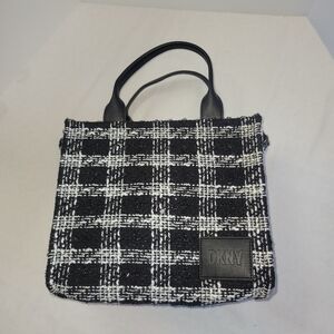DKNY Hadlee Medium Black White Tweed Tote Bag Checkered Pattern